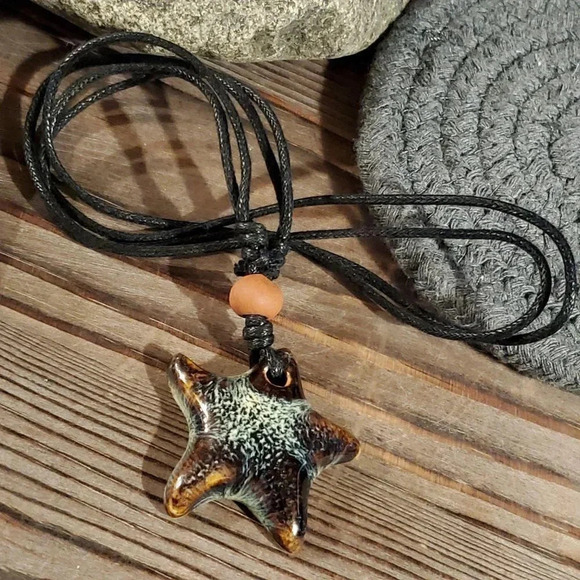 Artsy Star Glazed Blues Browns Porcelain Necklace - Picture 5 of 7